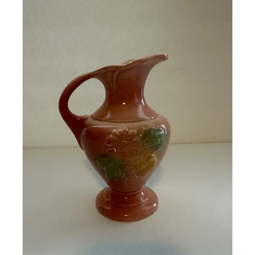 Vintage USA Pottery Pink Floral Ewer Pitcher Vase Embossed Flowers Art Pottery